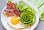 a ketogenic breakfast with egg, bacon, avocado and lettuce