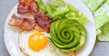 a ketogenic breakfast with egg, bacon, avocado and lettuce