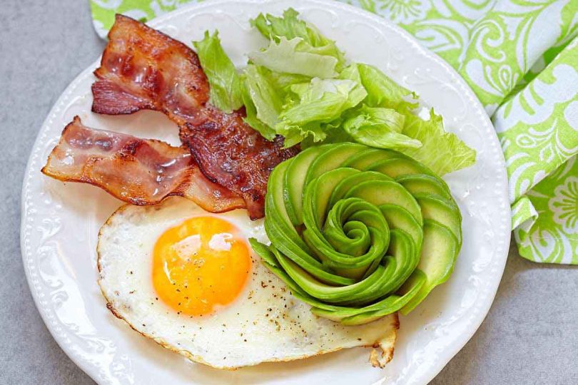 a ketogenic breakfast with egg, bacon, avocado and lettuce